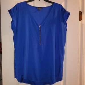 Express blue zip front rolled sleeve blouse